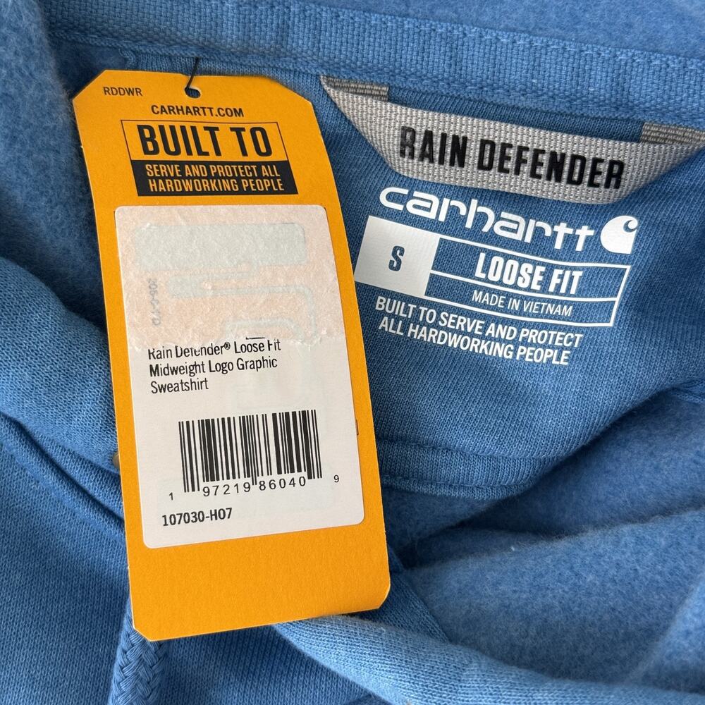 Carhartt Hoodie Men Small Rain Defender Loose Fit Pullover Logo Graphic Blue NEW - Picture 4 of 12